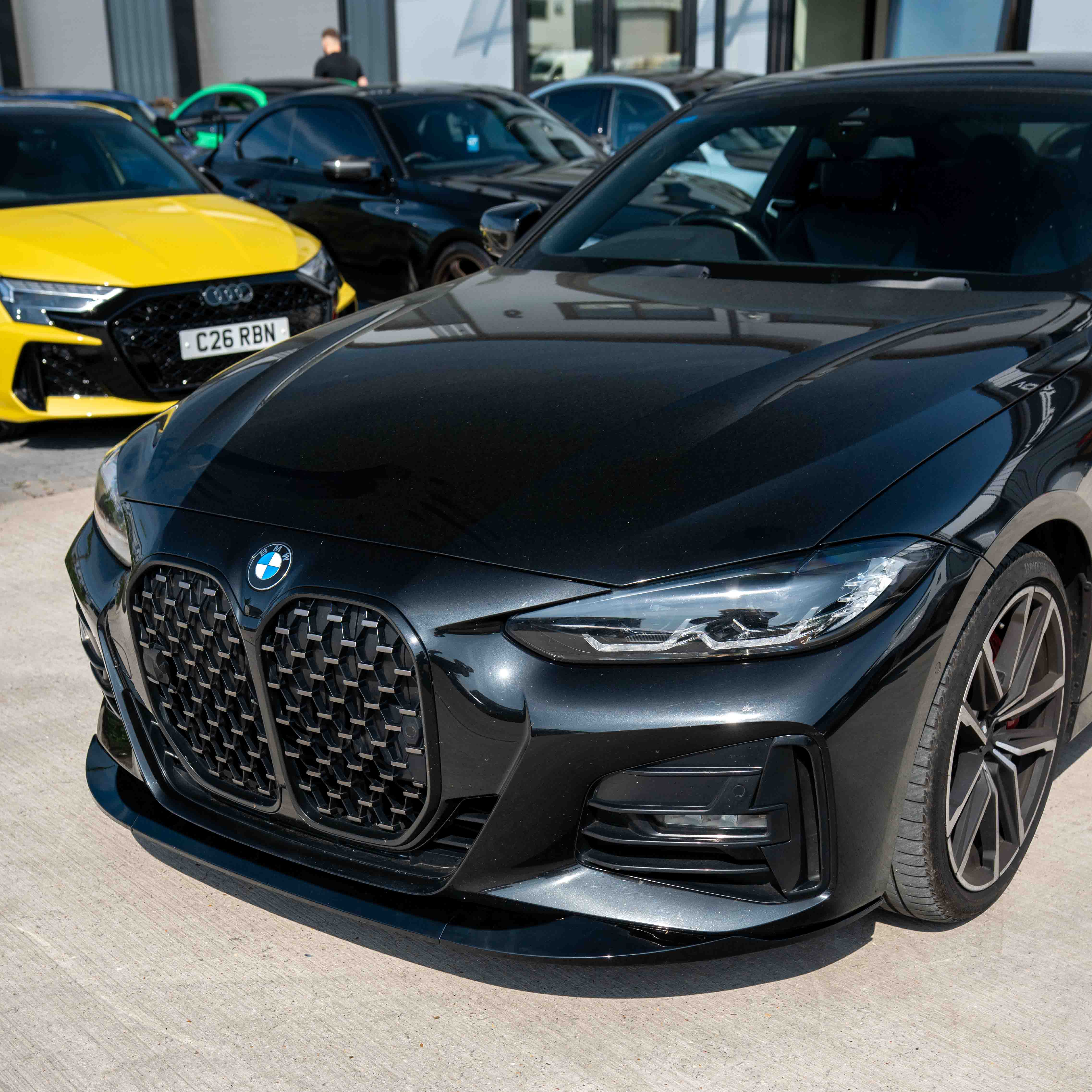 BMW 4 SERIES G22/G23 GLOSS BLACK SPLITTER - MP STYLE-Splitter-BLAK BY CT-CT Carbon - High-quality carbon fiber and gloss black aerodynamic parts for premium sports and luxury vehicles.