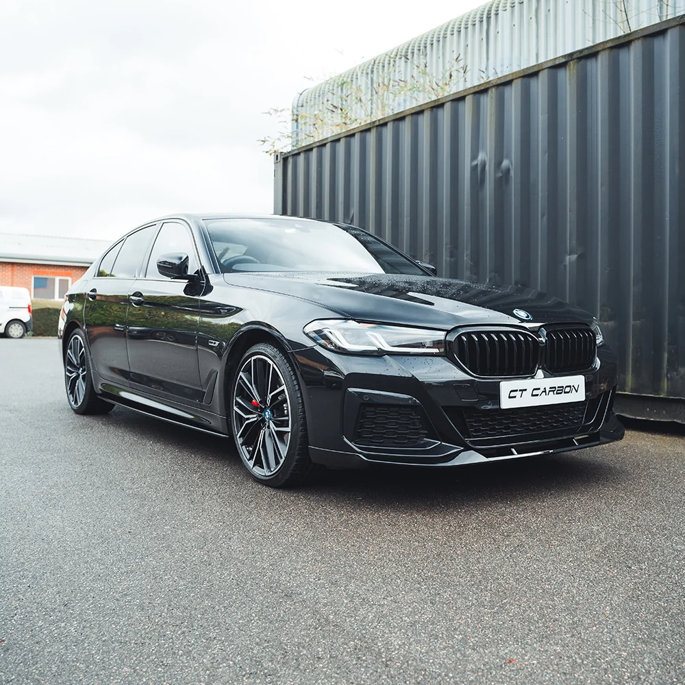 BMW 5 SERIES G30/G31 LCI 21+ GLOSS BLACK SPLITTER - MP STYLE-Splitter-BLAK BY CT-CT Carbon - High-quality carbon fiber and gloss black aerodynamic parts for premium sports and luxury vehicles.