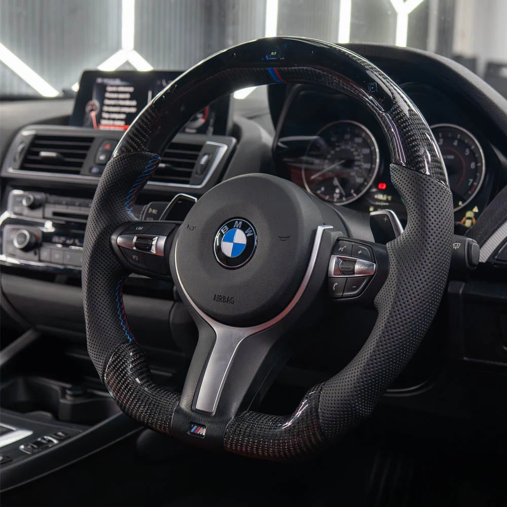 BMW FXX CARBON FIBRE / LEATHER / LED FLAT BOTTOM CUSTOM STEERING WHEEL-Custom Steering Wheels-CT CARBON-CT Carbon - High-quality carbon fiber and gloss black aerodynamic parts for premium sports and luxury vehicles.