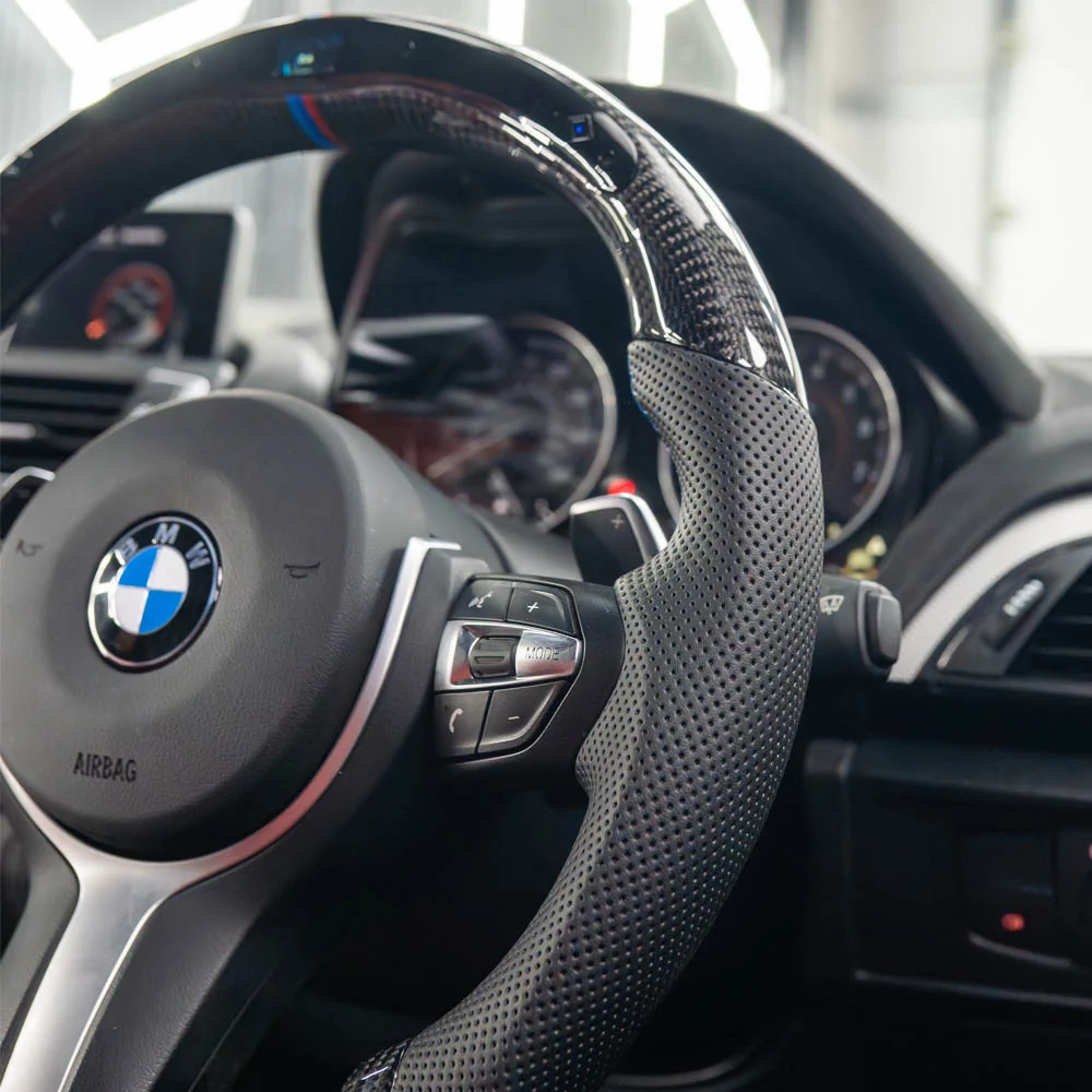 BMW FXX CARBON FIBRE / LEATHER / LED FLAT BOTTOM CUSTOM STEERING WHEEL-Custom Steering Wheels-CT CARBON-CT Carbon - High-quality carbon fiber and gloss black aerodynamic parts for premium sports and luxury vehicles.