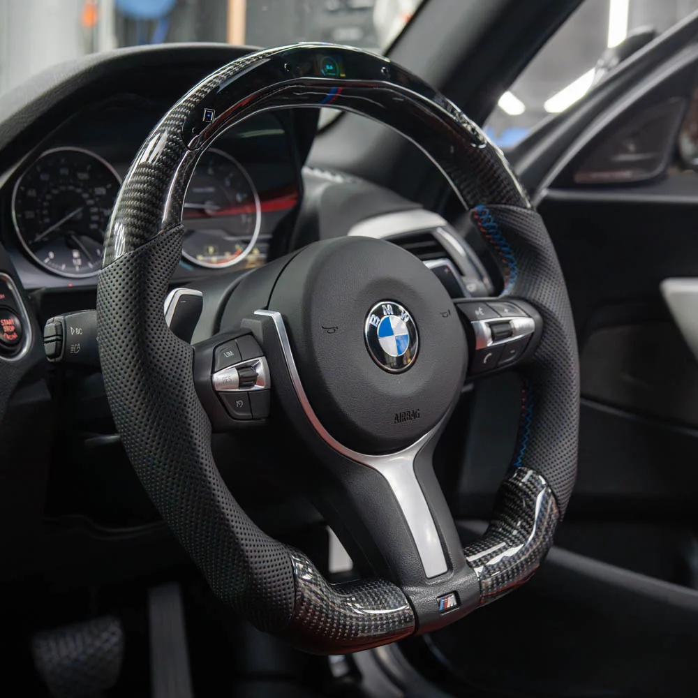 BMW FXX CARBON FIBRE / LEATHER / LED FLAT BOTTOM CUSTOM STEERING WHEEL-Custom Steering Wheels-CT CARBON-CT Carbon - High-quality carbon fiber and gloss black aerodynamic parts for premium sports and luxury vehicles.
