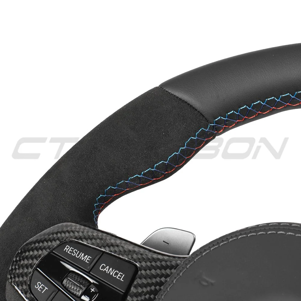 BMW Gxx ALCANTARA/LEATHER FLAT BOTTOM CUSTOM STEERING WHEEL-Custom Steering Wheels-CT CARBON-CT Carbon - High-quality carbon fiber and gloss black aerodynamic parts for premium sports and luxury vehicles.