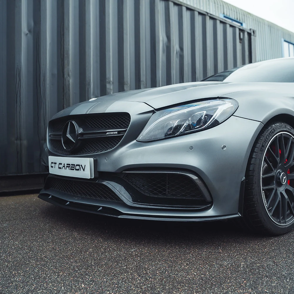 MERCEDES W205 C63 COUPE GLOSS BLACK SPLITTER-Splitter-BLAK BY CT-CT Carbon - High-quality carbon fiber and gloss black aerodynamic parts for premium sports and luxury vehicles.