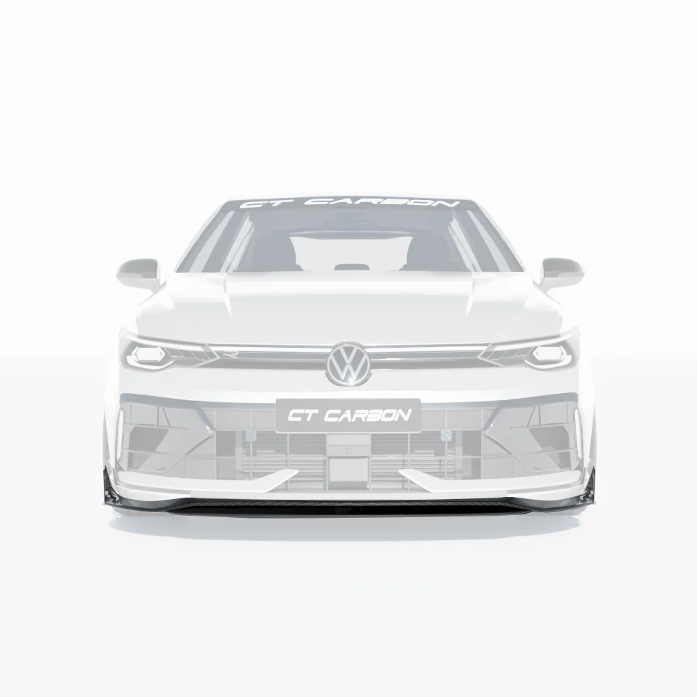 Digital rendering of a CT Carbon fiber front splitter and bumper extensions designed for the VW Golf MK8 R, shown against a white background.